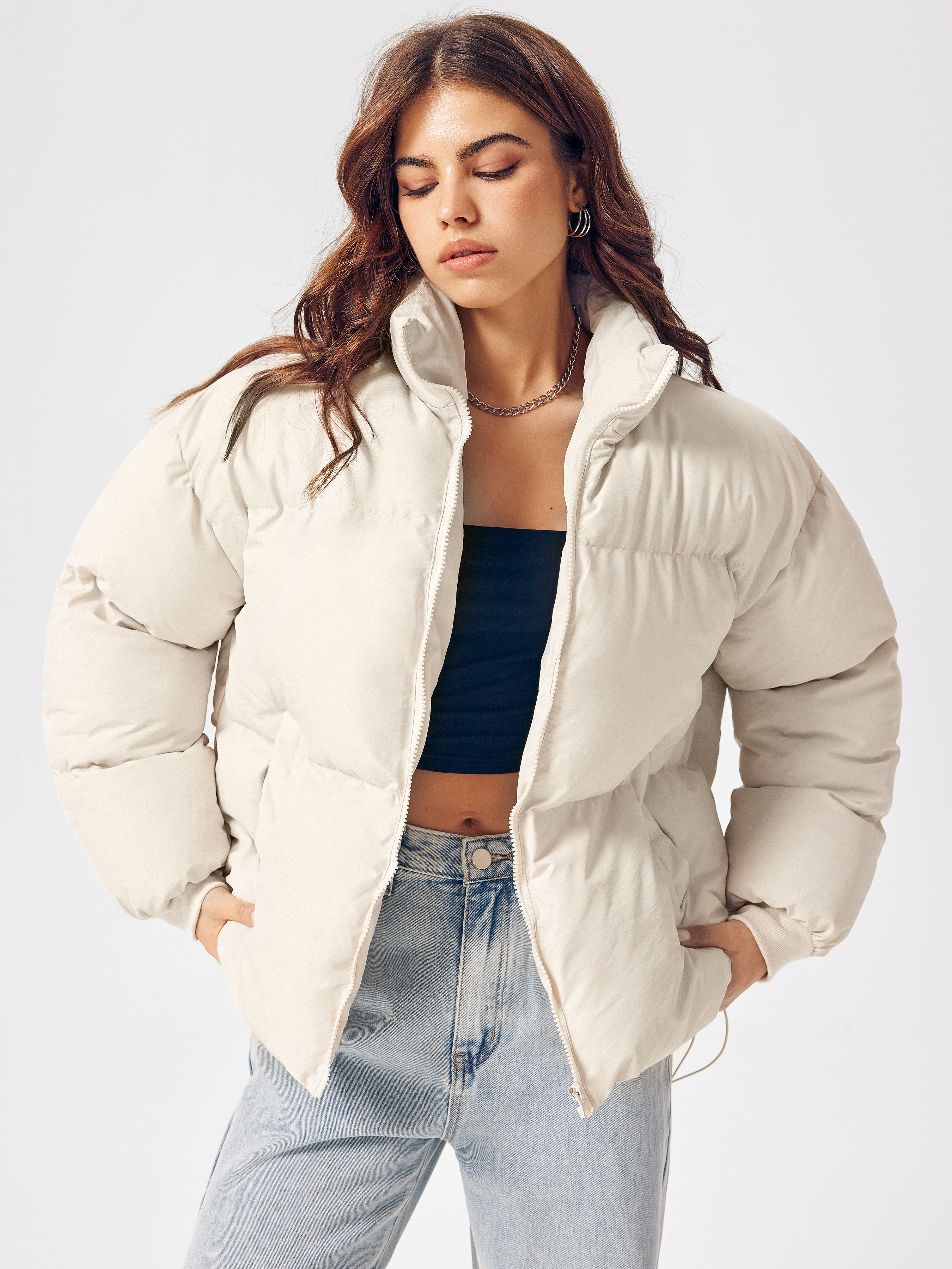 womens coat Basic & Thermal Woven Zip Front Collared Puffer Jacket | Cider