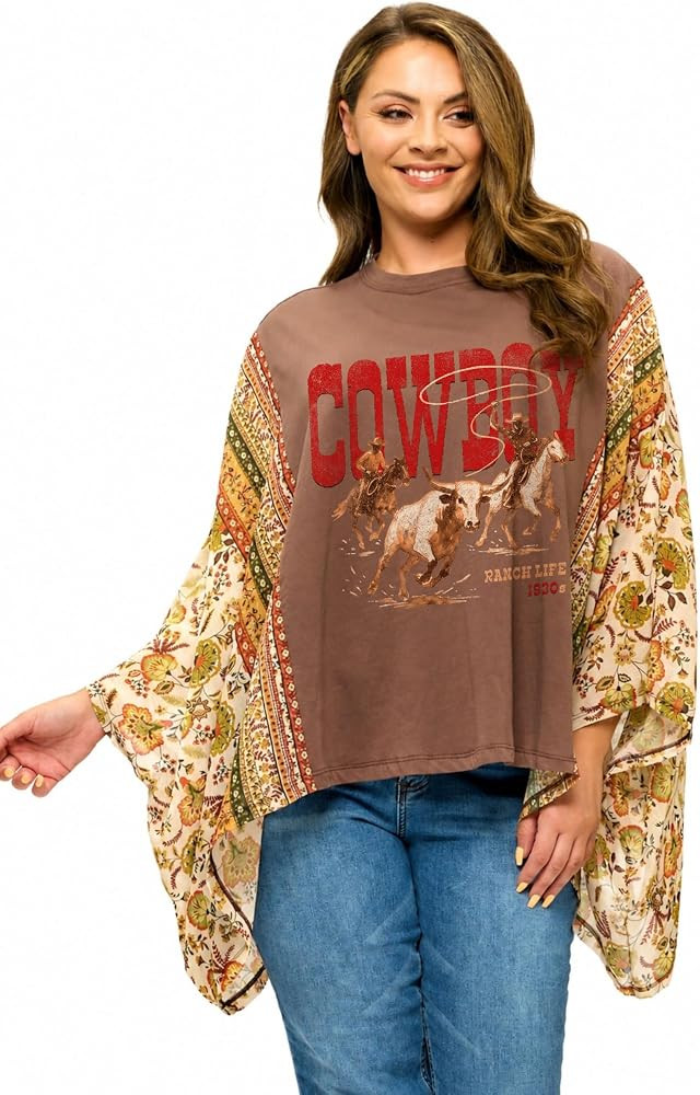 Women's Western Cowboy Graphic Poncho Top, Flowy Boho Style, Chiffon Sleeves, Plus Size 1X-2X | Amazon (US)