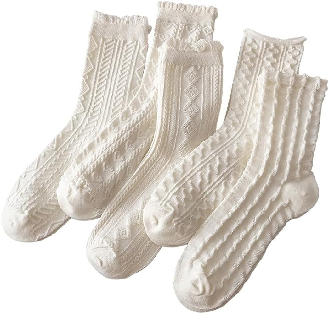 5 Pair White Cute Ankle Socks for Women Coquette Cable Knit Long Cotton Lace Ruffle Frilly Cottag... | Amazon (US)