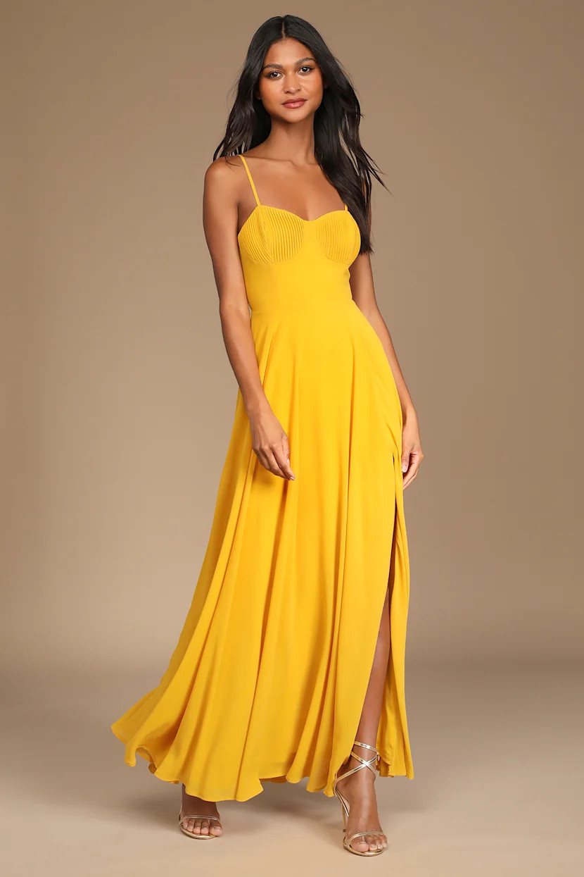 Cause for Commotion Golden Yellow Pleated Bustier Maxi Dress | Lulus (US)
