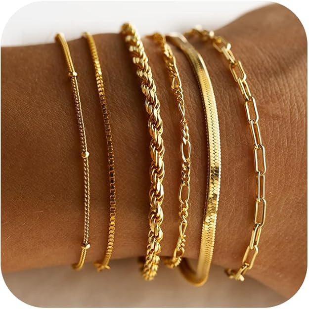 DEARMAY Gold Bracelets for Women Waterproof, 14K Real Gold Jewelry Sets Trendy Thin Dainty Stacka... | Amazon (US)