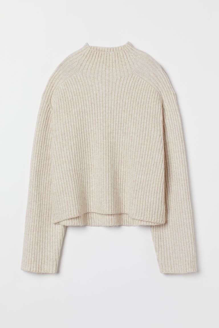 Mock turtleneck sweater in soft, rib-knit fabric with wool content. Dropped shoulders and long sl... | H&M (US)