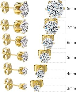 18K Yellow Gold Plated Round Cubic Zirconia Stud Earrings Pack of 6 | Amazon (UK)