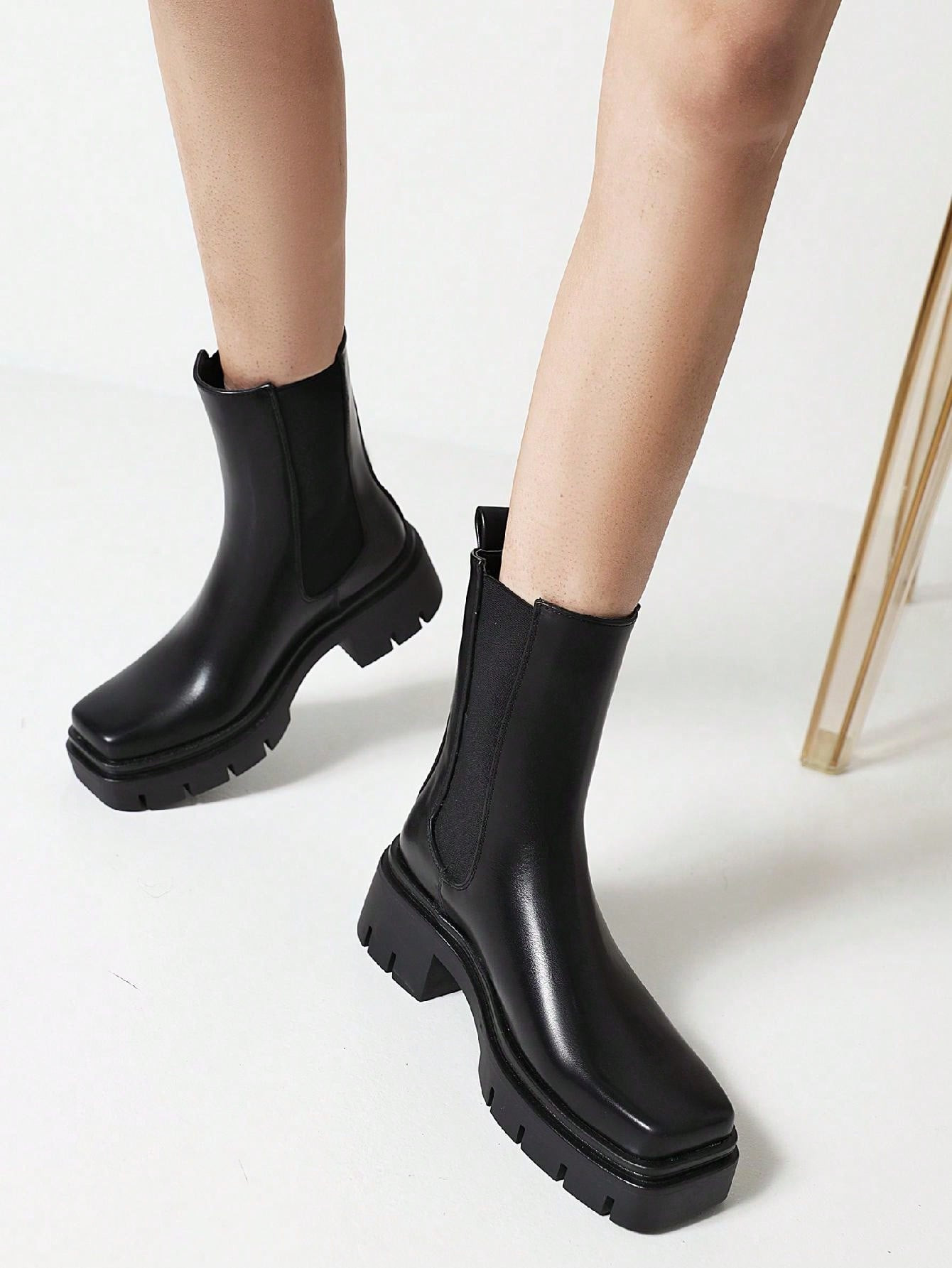 Reitoye Vivianly Women's Chunky Platform Chelsea Boots Mid Calf Boots Square Toe Pull-On Ankle Bo... | SHEIN