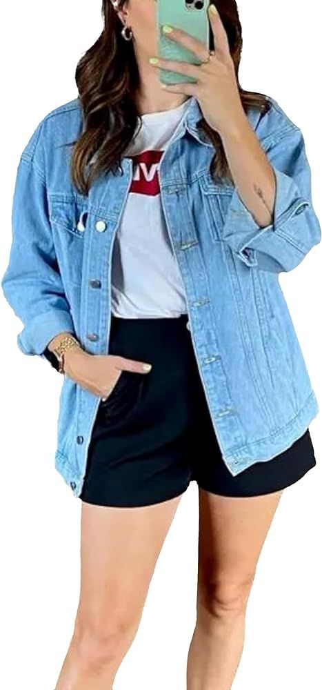 Women's Casual Loose Oversized Denim Jacket Long Sleeved Button Jean Jacket Coat Tops | Amazon (US)