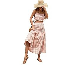 Cantonwalker Women's Plaid Strapless Tube Crop Top Maxi Skirt Set 2 Piece Outfit Dress 0241 | Amazon (US)