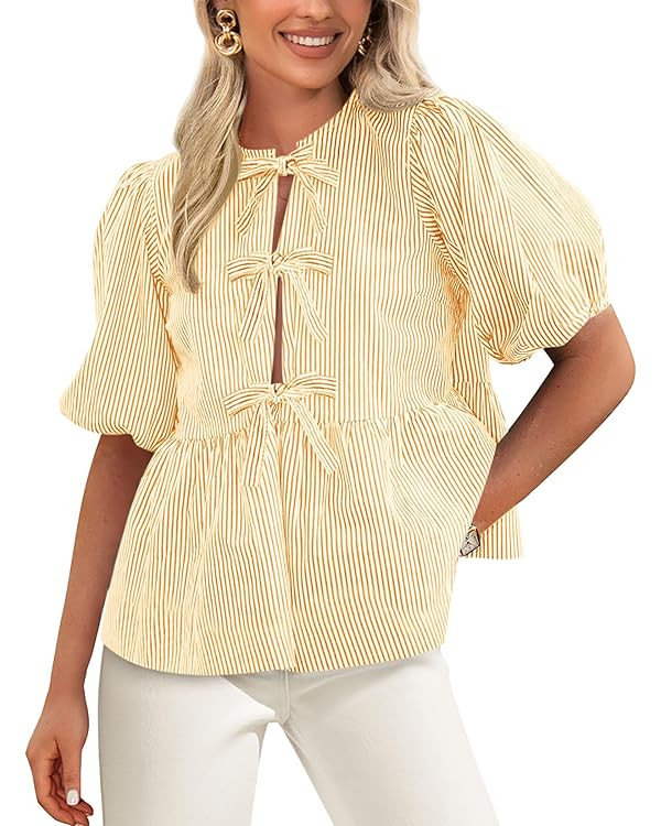 PRETTYGARDEN Women's Tie Front Striped Shirt 2025 Summer Trendy Fashion Cute Babydoll Tops Peplum... | Amazon (US)