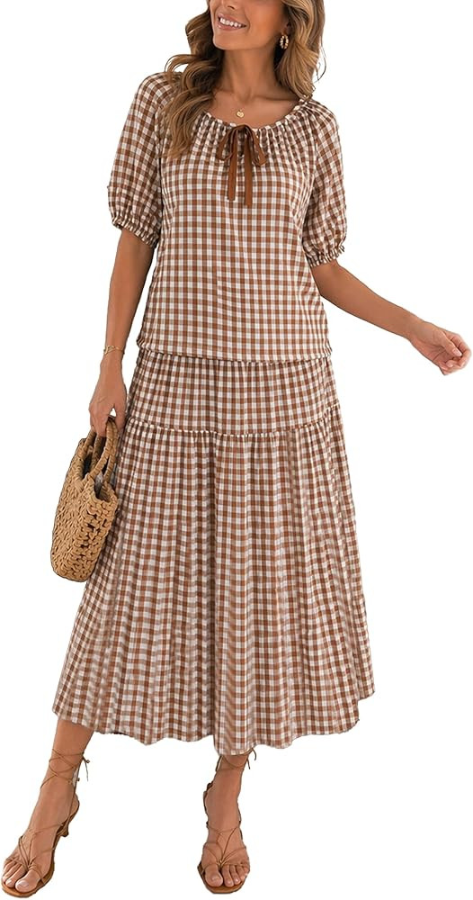 Womens Gingham 2 Piece Skirt Set Puff Sleeve Tie Neck Blouse and Flowy Midi Skirt Casual Summer V... | Amazon (US)