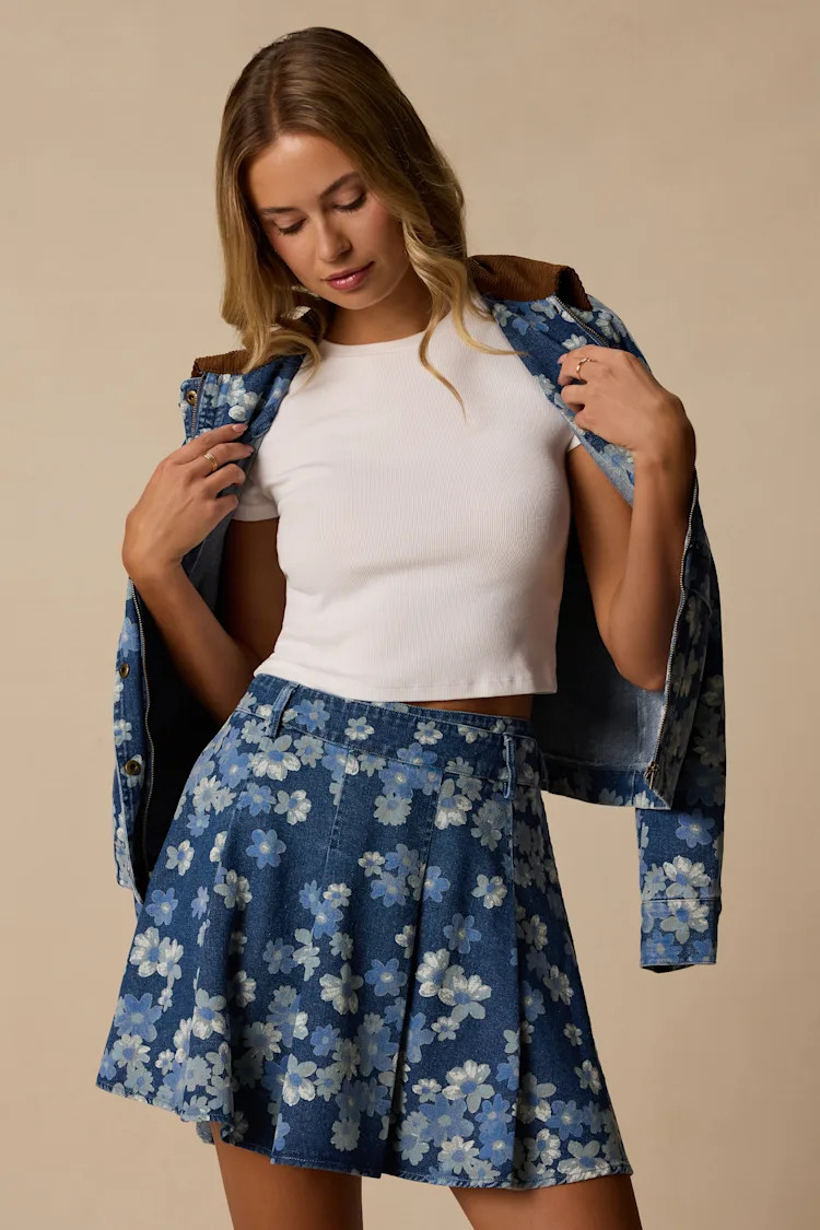 Cohen Medium Wash Floral Denim Pleated Skort | Lulus