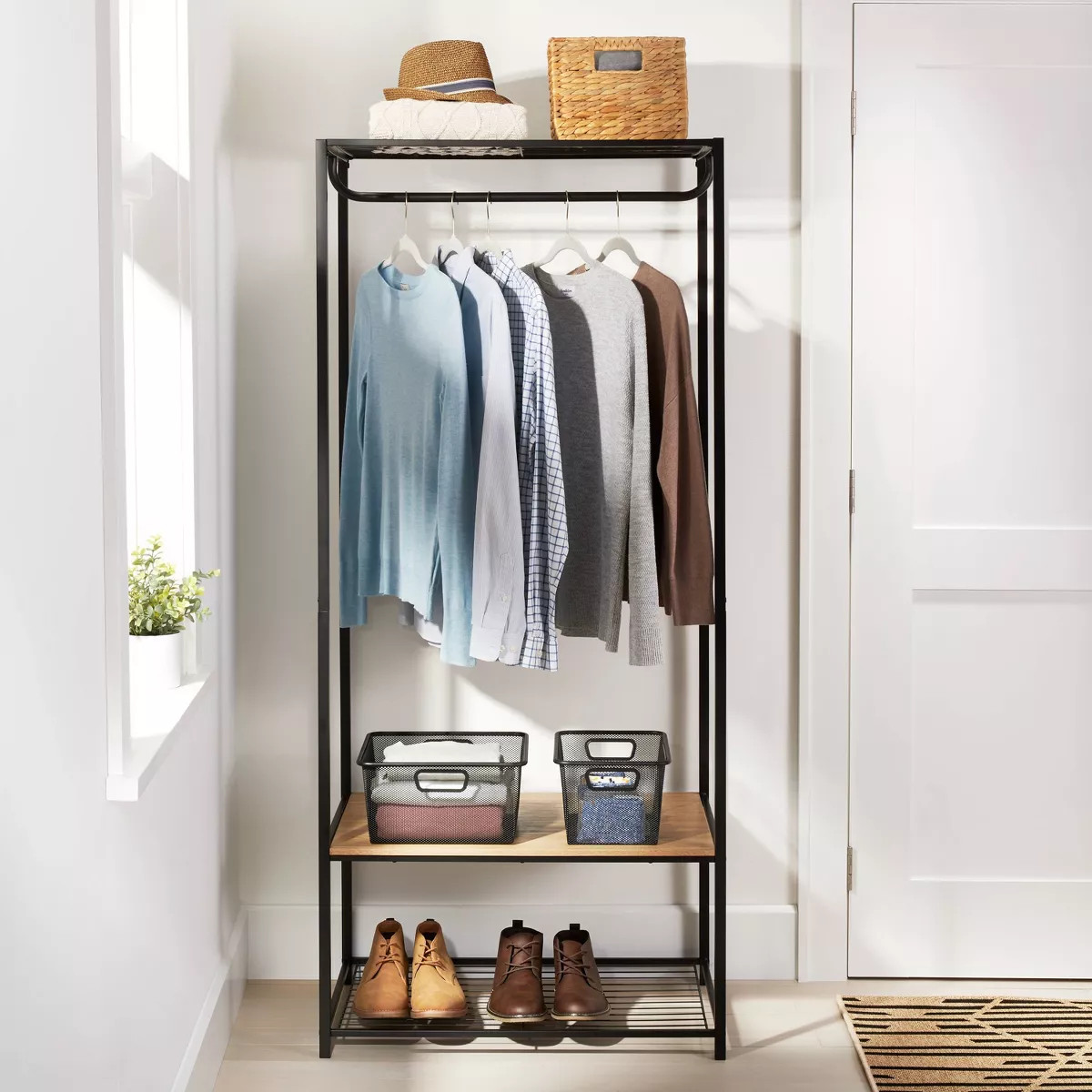 Two Shelf Wardrobe Black Metal with Natural Wood - Brightroom™ | Target