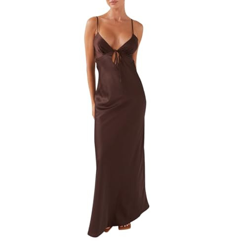 NUFIWI Women Spaghetti Strap Satin Maxi Dress V Neck Cutout Bodycon Long Dress Backless Party Cocktail Dress(Coffee Brown,Small) | Amazon (US)