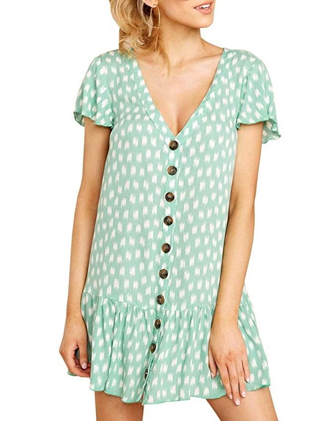 Bbalizko Womens Cute V Neck Short Sleeve Buttion Down Loose Fit Ruffle Mini Dresses | Amazon (US)