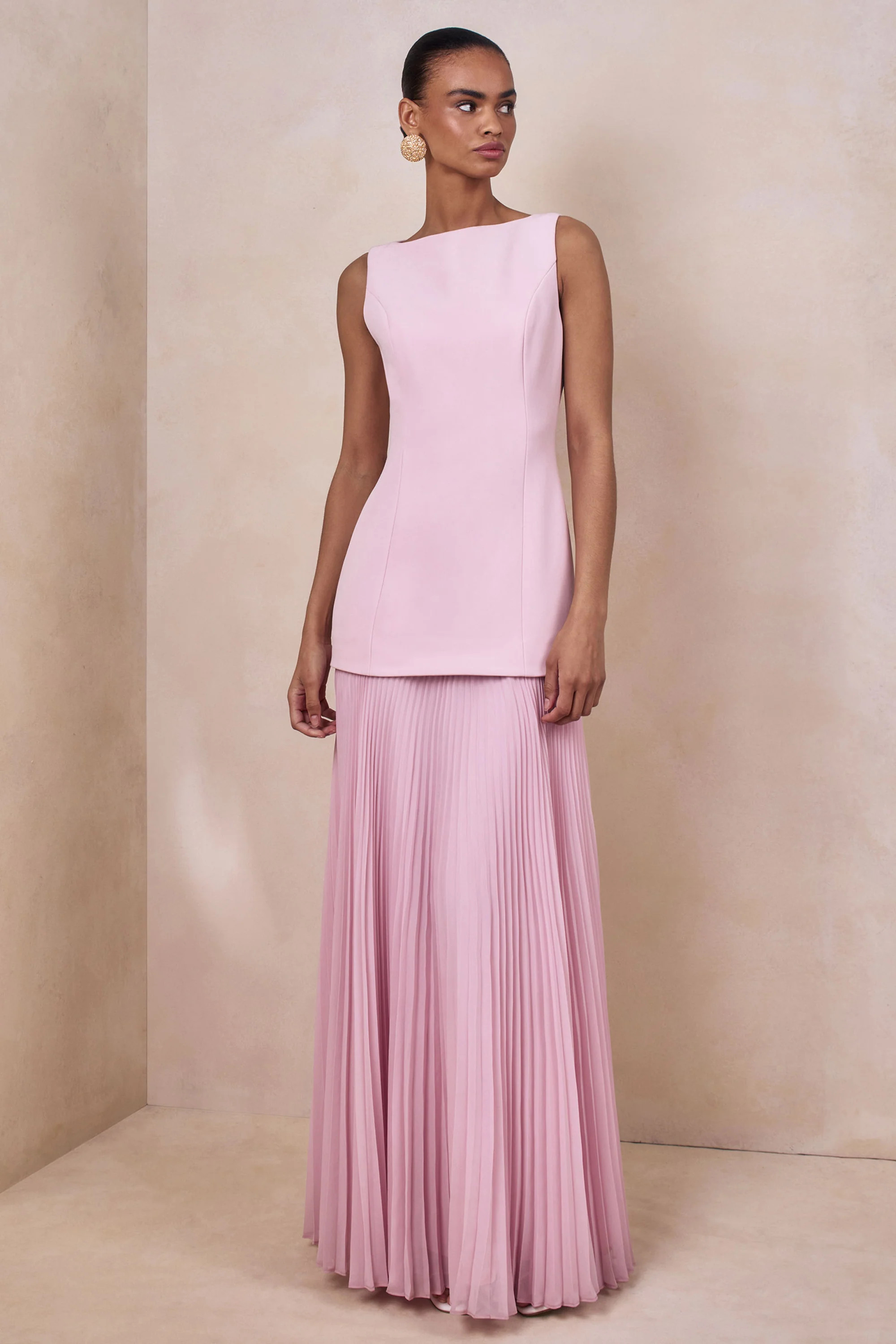 Hadley | Light-Pink Boat-Neck Maxi Dress With Drop-Waist | Club L London