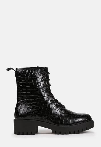 Missguided - Black Mock Croc Patent Lace Up Ankle Boots | Missguided (UK & IE)