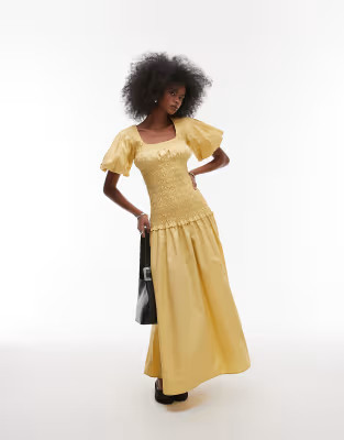 Topshop puff sleeve square neck shirred maxi dress in buttermilk | ASOS (Global)