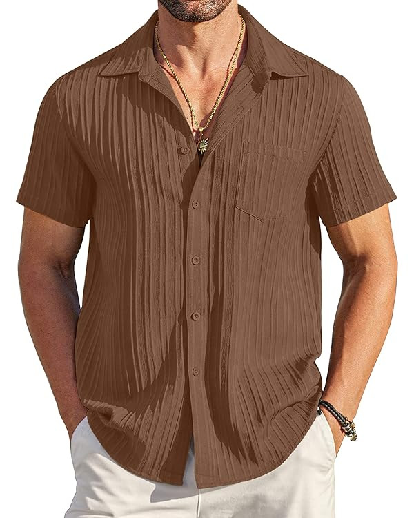 COOFANDY Men's Casual Button Down Shirts Short Sleeve Textured Summer Beach Shirt with Pocket | Amazon (US)