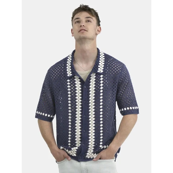 No Boundaries Faux Crochet Button-Up Polo Shirt, Men's and Big Men's | Walmart (US)
