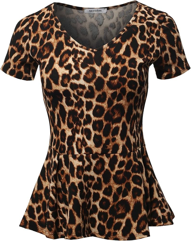 SSOULM Women's Classic Stretchy Short Sleeve Flare Peplum Blouse Top with Plus Size | Amazon (US)