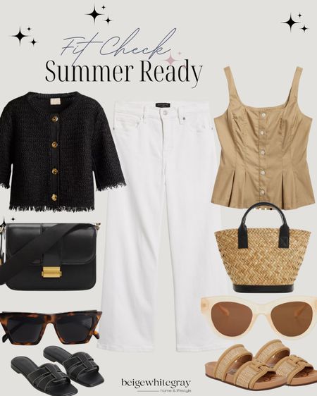 Summer ready with these chic looks for any occasion!! Loving the slides, sunglasses and wide leg white jeans!  The raffia short sleeve jacket is my favorite. Beigewhitegray Mariana 

#LTKShoeCrush #LTKSaleAlert #LTKFindsUnder100