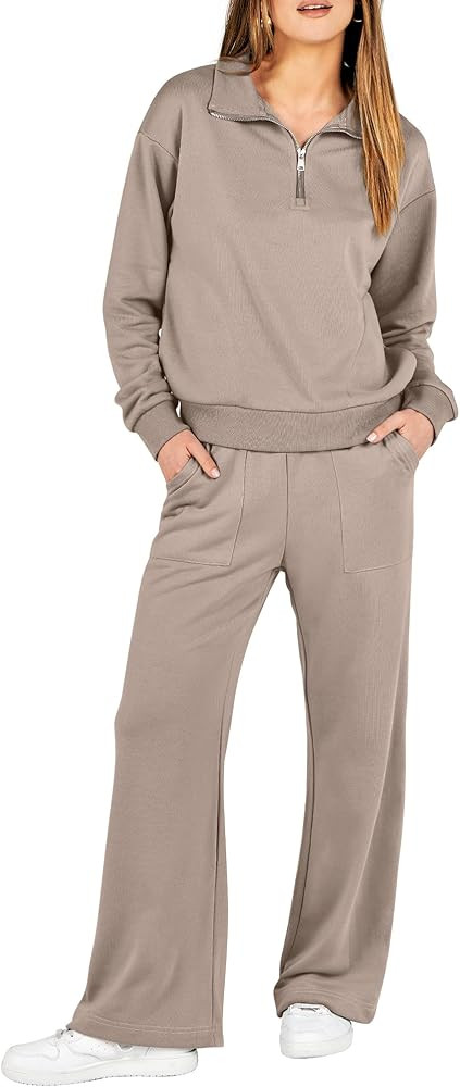 ANRABESS Women 2 Piece Outfits Half Zip Sweatshirt & Wide Leg Pants Sweatsuit Lounge Set 2023 Fal... | Amazon (US)