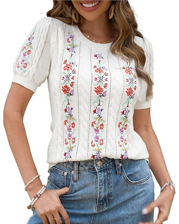 CiCiBird Womens Short Sleeve Sweater Cute Embroidered Pullover Casual Cable Knit Summer Tops | Amazon (US)