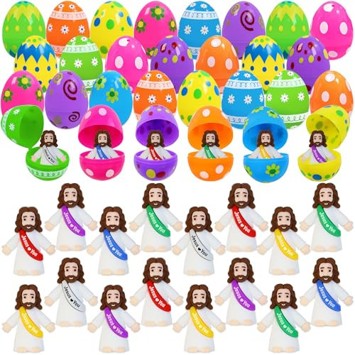 24 Pcs Prefilled Easter Eggs with Little Jesus Figures Inside Mini Toys Easter Gifts for Kids Toddlers Easter Egg Hunt, Easter Basket Stuffers Fillers Party Favor Boy Gril Classroom Prize Supplies | Amazon (US)