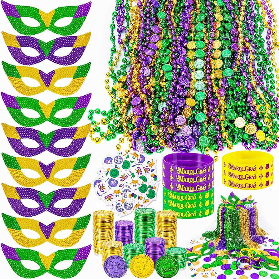 MGparty 216 PCS Mardi Gras Accessories - Masks Beads Necklaces Coins Tattoos Bracelets Carnival P... | Amazon (US)