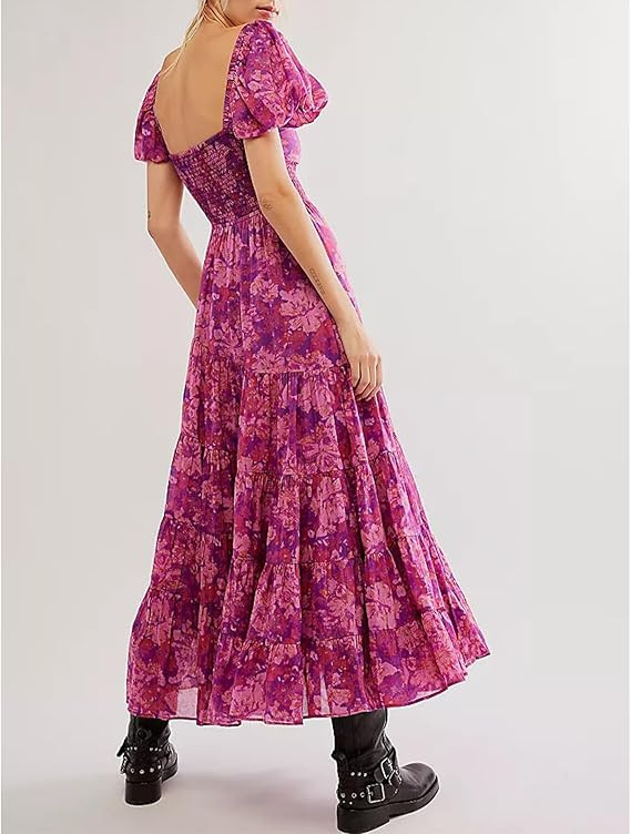 Women Floral Maxi Dress Short Puff Sleeve V Neck Bohemian Flowy Dress Smocked Casual Spring Summe... | Amazon (US)
