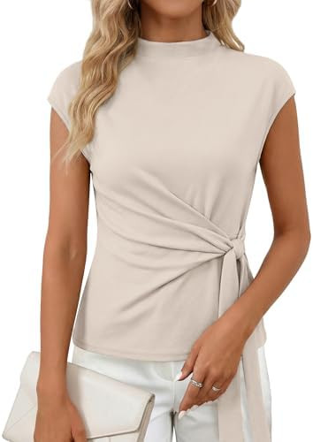 Womens Cap Sleeve Tops 2026 Summer Tie Waist Mock Neck Elegant Blouses Business Dressy Casual Shi... | Amazon (US)