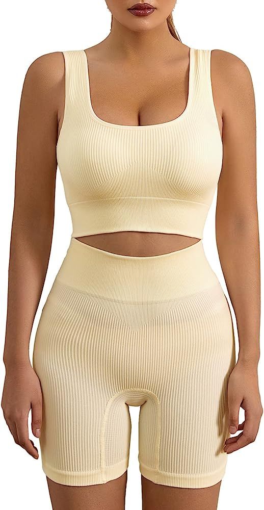 Eleplus Women's 2 Piece Workout Sets Outfits Ribbed Sports Bra Tops High Waist Shorts Exercise Se... | Amazon (US)