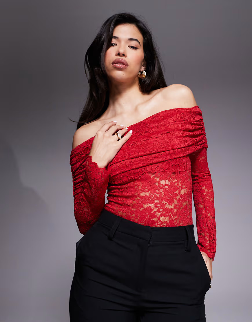 AFRM lace off the shoulder long sleeve bodysuit in poppy red | ASOS (Global)