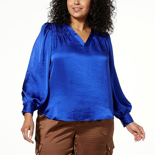 DG2 by Diane Gilman Satin V-Neck Puff-Sleeve Blouse - Blue - Size 3X | HSN