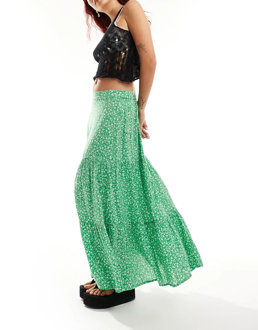 Monki tiered maxi skirt in red meadow floral-Green | ASOS (Global)