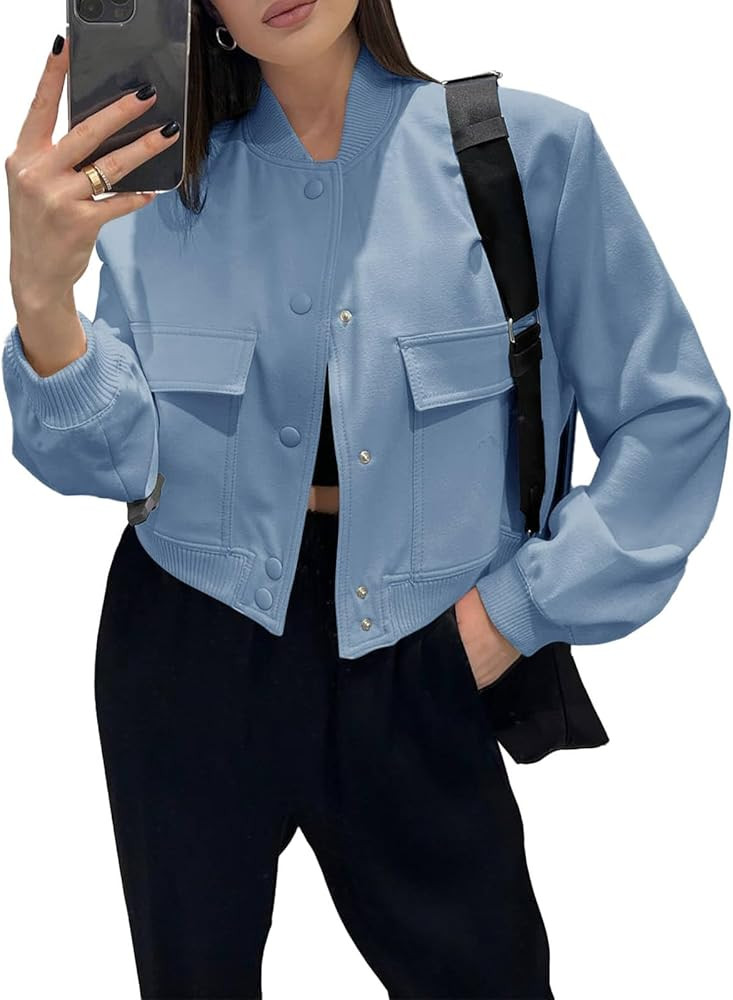 Fisoew Womens Cropped Bomber Jackets Casual Button Down Long Sleeve Stand Collar Coats with Pocke... | Amazon (US)