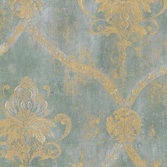 Wallpaper French Faux Aqua Blue Large Damask with Gold by Norwall | Amazon (US)