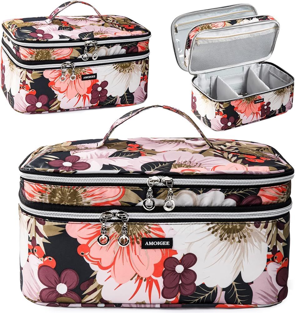 AMOIGEE Large Travel Makeup Bag Organizer, Double Layer Train Case, Toiletry Bag for Makeup Brushes, | Amazon (US)