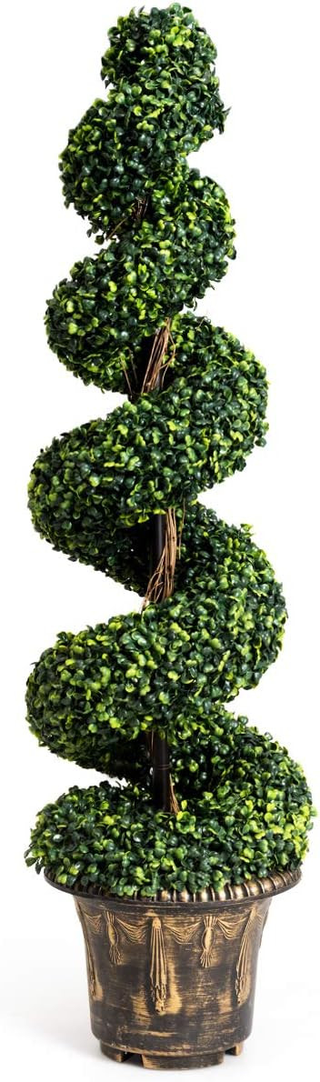 GOPLUS 4 Ft Artificial Boxwood Spiral Topiary Tree, Fake Greenery Plants, Leaves & Cement-Filled ... | Amazon (US)