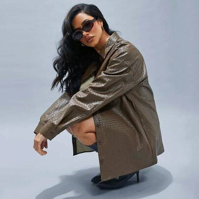 Winter Women Clothes, Mocha Faux Leather Basket Weave Long Sleeves Button Down Casual Oversized Shacket, Daily Wear | SHEIN