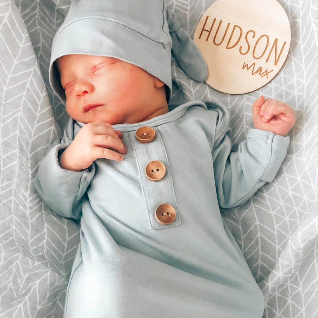 Solid Light Dusty Blue Bamboo Knot Gown & Hat | Caden Lane