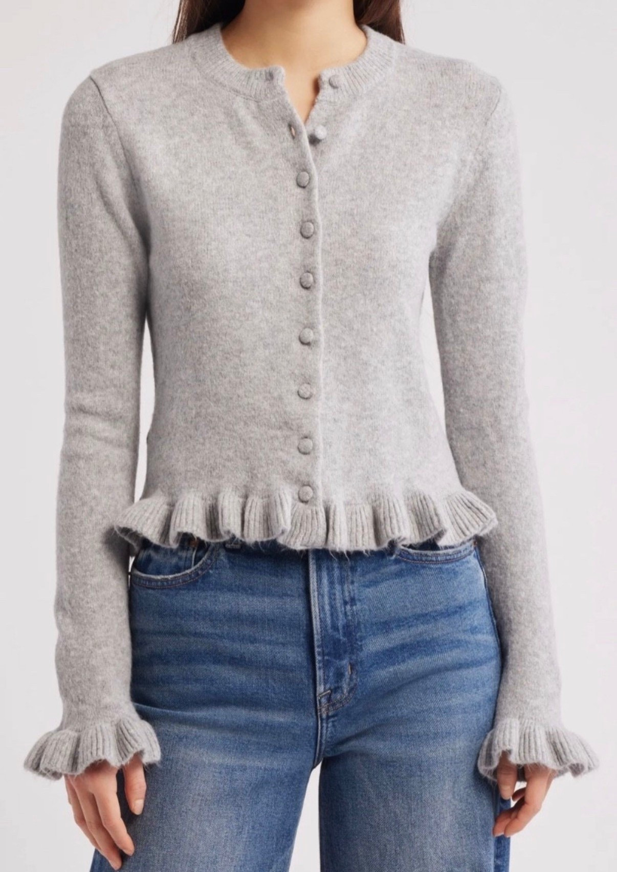 Ruffle sweater 
Sweater
Cardigan 

#LTKSeasonal #LTKHoliday #LTKFindsUnder100