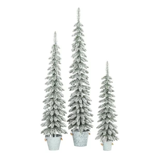 Holiday Time Flocked Pine Tree with Galvanized Metal Bucket Decorations, Multiple Sizes, Set of 3... | Walmart (US)