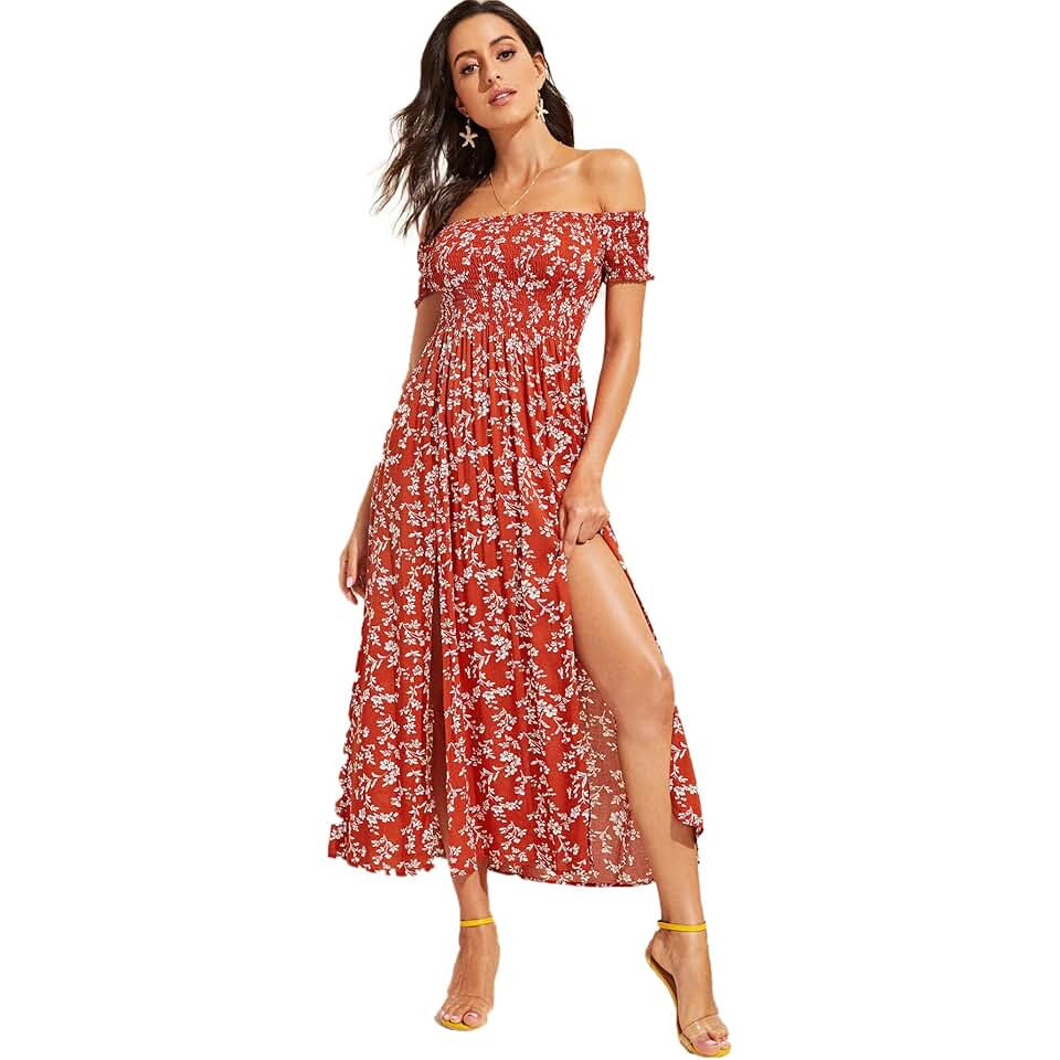 Women's Boho Floral Print Off Shoulder Split Long A Line Dress | Amazon (US)