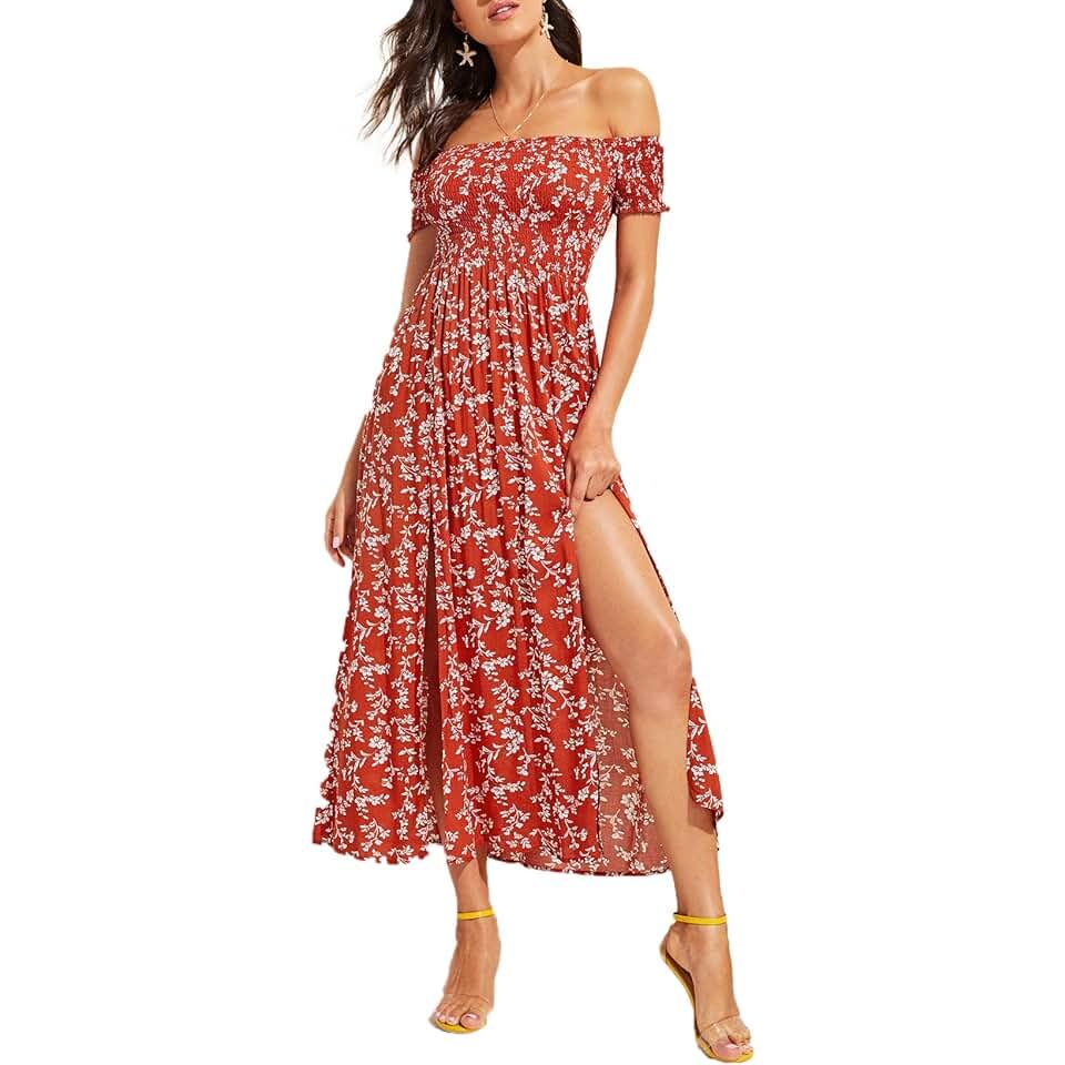 Women's Boho Floral Print Off Shoulder Split Long A Line Dress | Amazon (US)