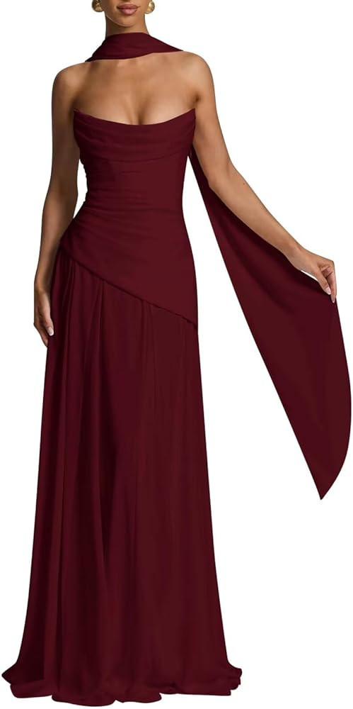 Verngo Vestidos de dama de honor sin tirantes de gasa con bufanda plisada una línea larga formal... | Amazon (US)
