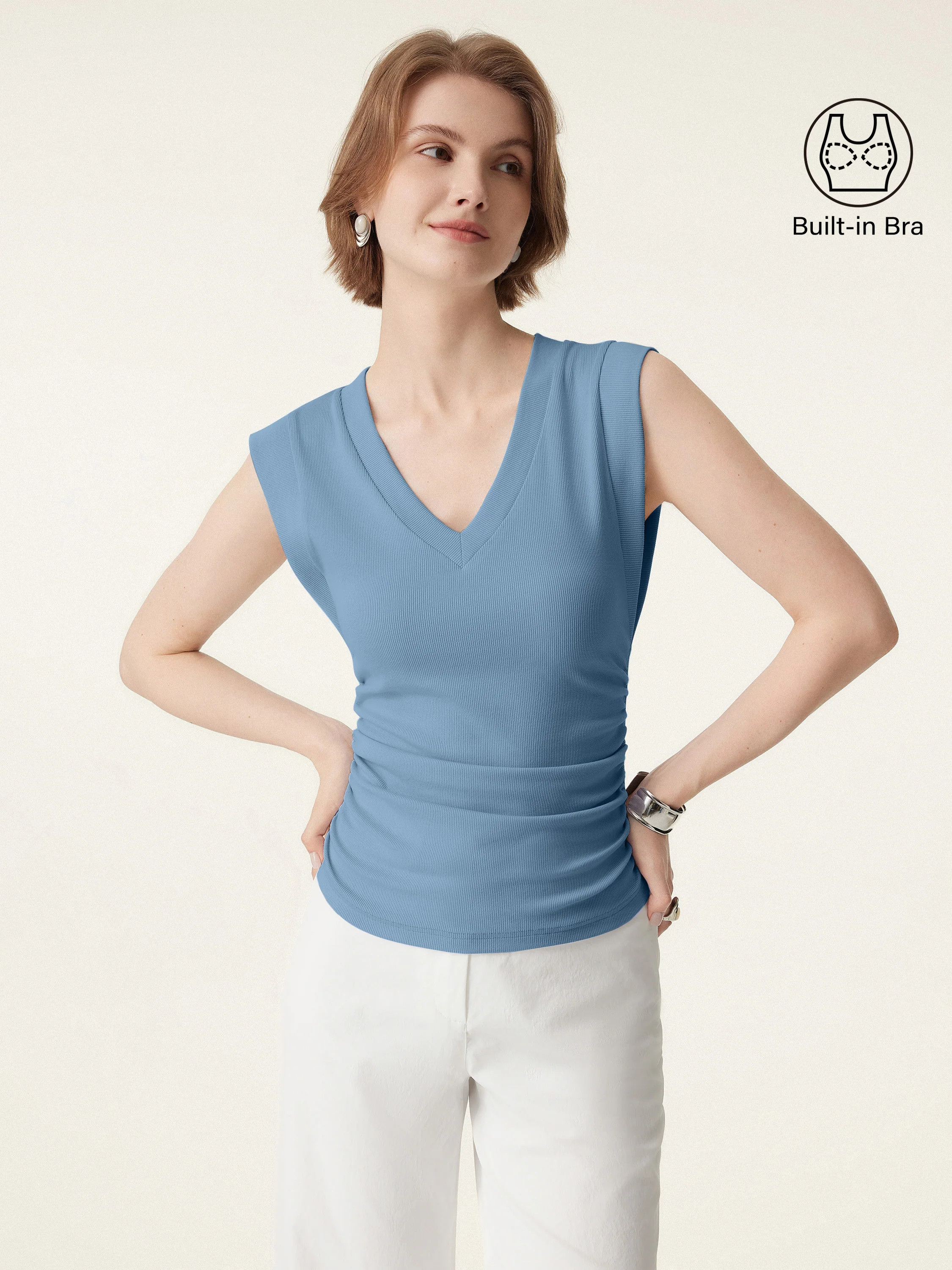 Stretch Cotton V-neck Side Ruched Muscle Bra Top | OGLmove