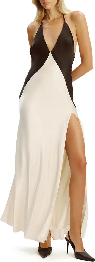 Yve Contrast Halter Open Back Satin Maxi Slipdress | Nordstrom