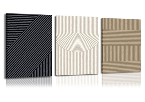 yulihaz Modern Line Wall Art Framed 16x24 inch Set of 3 Boho Abstract Wall Decor Minimalist Mid Century Canvas Poster Prints Neutral Beige Brown Black Painting Artwork for Bedroom Living Room | Amazon (US)