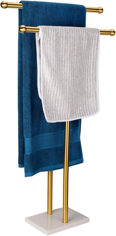Standing Towel Rack Double-T Shape Tall Bath Towel Sheet Holder with Marble Design Base for Bathr... | Amazon (US)