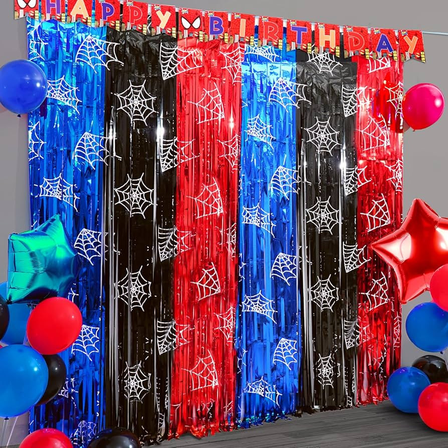 Spider Birthday Party Decoration, 2 Pack Spider Web Printing Red Black Blue 3.3 x 6.6ft Foil Frin... | Amazon (US)