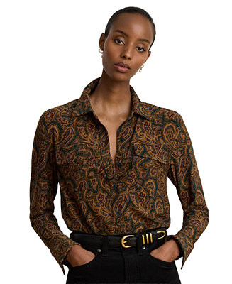 Women's Paisley Stretch Jersey Shirt Long-Sleeve Button-Up Blouse | Macy's